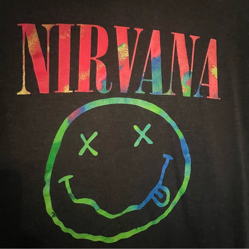 Nirvana Smiley Face Band Tee Black Graphic T-Shirt Size Small - Picture 3 of 4